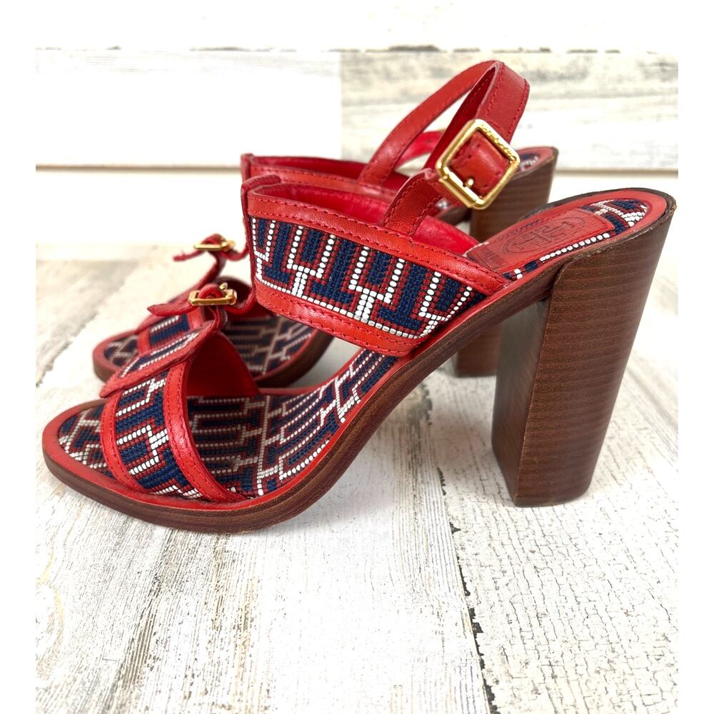 Tory Burch Womens 10 Red Blue Florian Leather Strappy Heeled Sandals